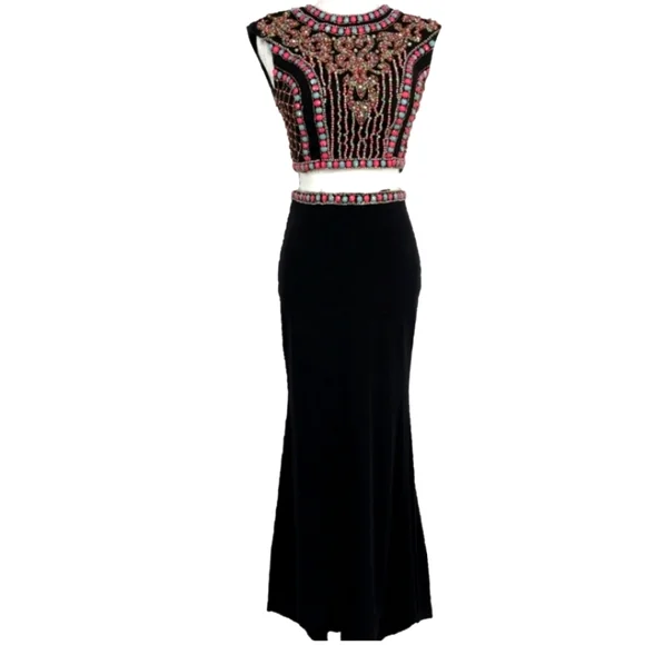 JOVANI 2-piece Black Beaded Mozaic Rhinestones Evening Gown Size 4 - Picture 14 of 14